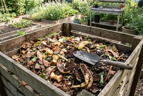 Wadah kompos kebun yang penuh dengan sisa makanan dan dedaunan