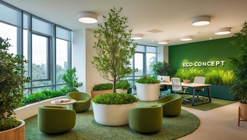 Ruang kantor yang mengusung konsep green office dengan tanaman hijau dan pemanfaatan cahaya alami dengan jendela besar