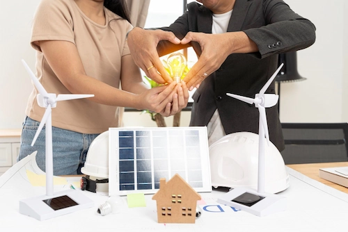 Dua pekerja kantoran melakukan praktek konservasi energi di kantor
