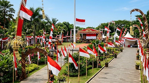 Perayaan Hari Kemerdekaan Indonesia di tanggal 17 Agustus dengan dekorasi merah putih menggunakan bahan daur ulang